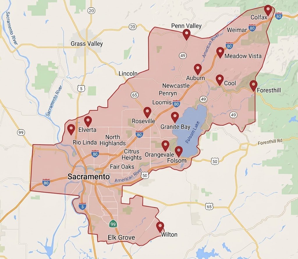 Sacramento Grease Trap service area map, from Elk Grove to Colfax